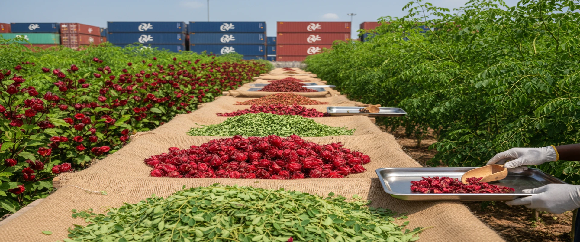 Dried hibiscus flowers, gum arabic tears, and moringa superfood powder in export presentation