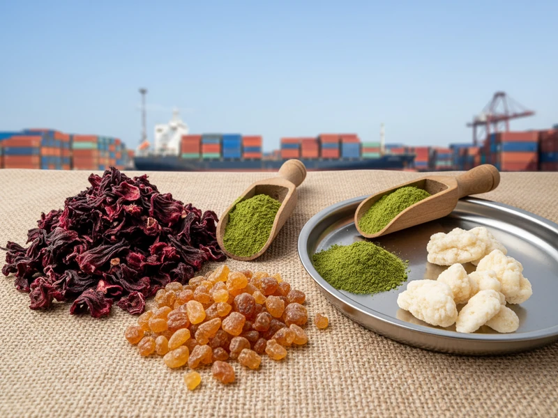 Dried hibiscus flowers, gum arabic resin, and moringa superfood powder