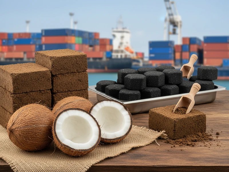 Fresh coconuts, coco peat blocks, and coconut shell charcoal briquettes