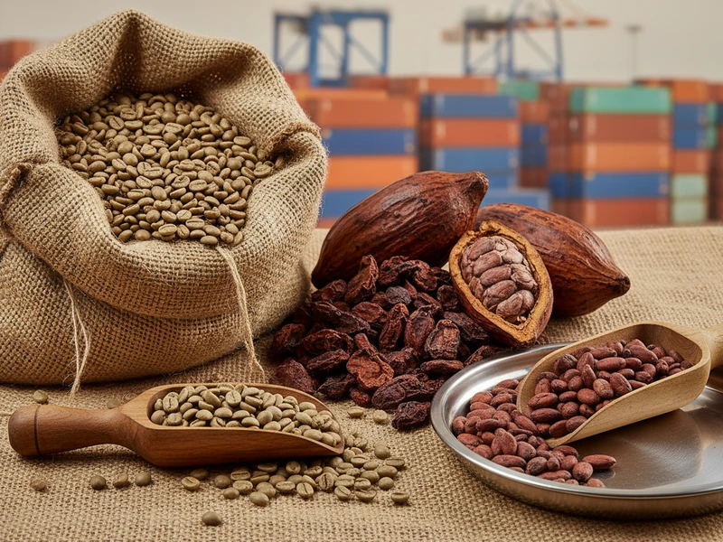 East African green coffee beans and fermented cocoa beans ready for container export
