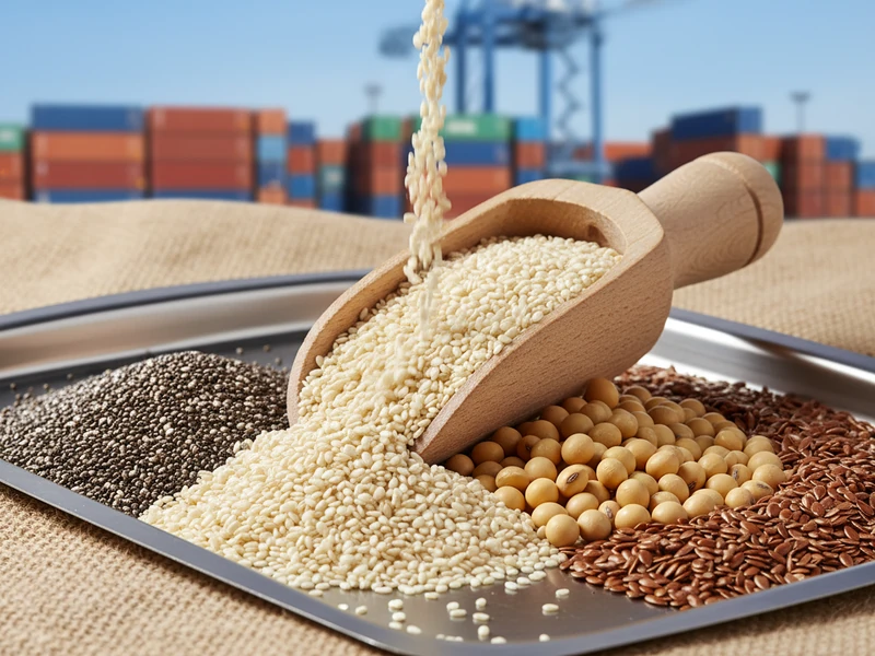 Natural sesame seeds, chia seeds, and non-GMO soya beans in bulk export bags