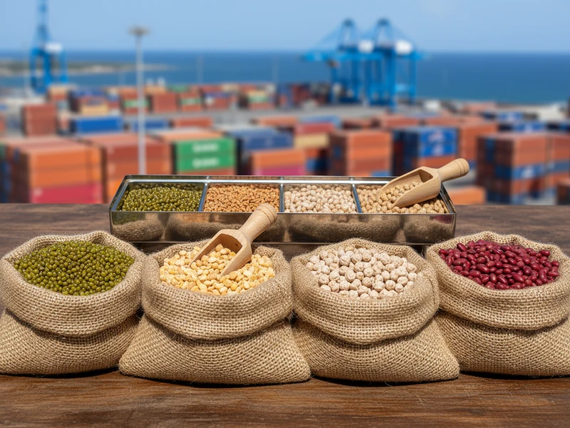 Green mung beans, pigeon peas, and chickpeas in clean bulk export bags