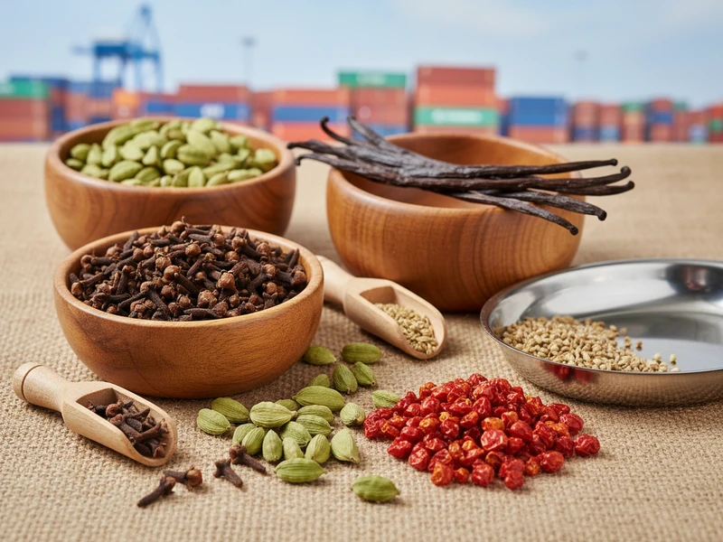 East African spices including cloves, cardamom, vanilla beans, and dried chili