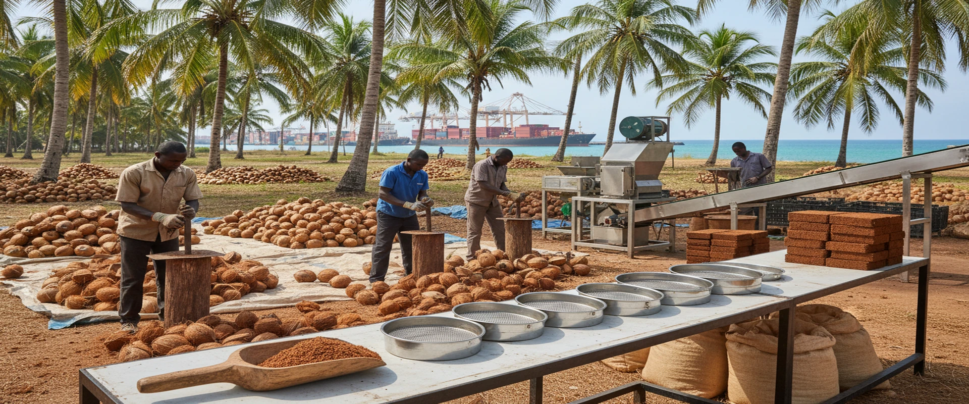 Fresh coconuts, coco peat growing blocks, and coconut shell charcoal briquettes