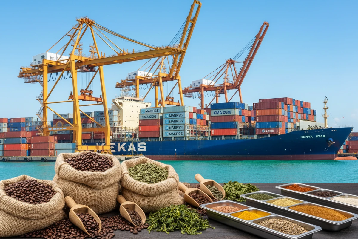 Commercial shipping container vessel loading East African agricultural commodities at Port of Mombasa