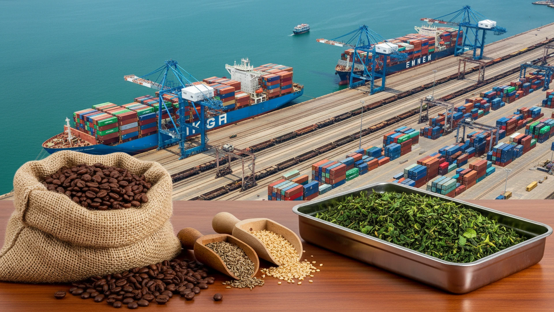 Container gantry cranes loading agricultural export containers at Port of Mombasa