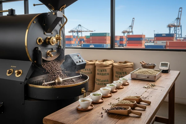 Artisan coffee roaster inspecting fresh roasted beans and tea cupping table