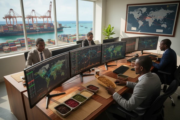 High-volume commodity trading desk and bulk container freight dispatch