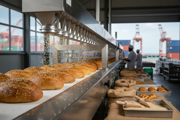 Modern industrial food processing and bakery production line