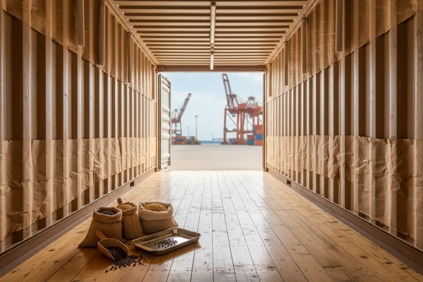 Heavy duty kraft paper container lining and desiccant poles installed for cargo protection