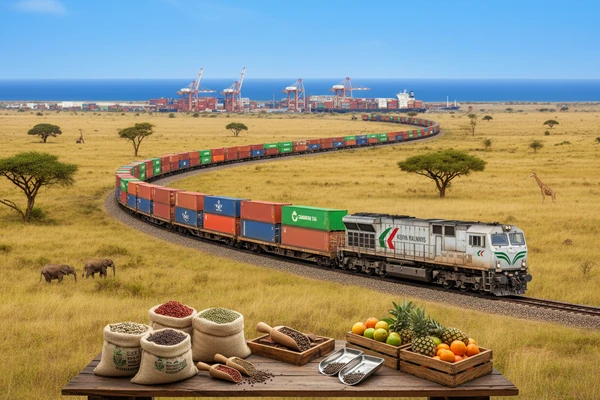 Standard Gauge Railway freight wagons transporting containers from Nairobi to Port of Mombasa