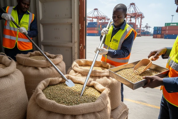 Official KEPHIS phytosanitary inspector and SGS surveyor verifying cargo