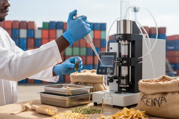 Laboratory technician performing HPLC aflatoxin screen and purity testing