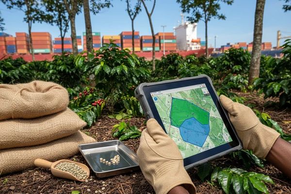 Agronomist using handheld GPS device to map smallholder farm polygon boundaries