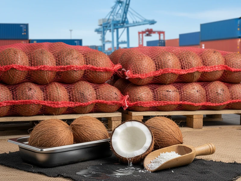 Semi-husked fresh mature coconuts in mesh bags