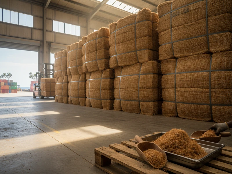 Natural raw coir fiber bales