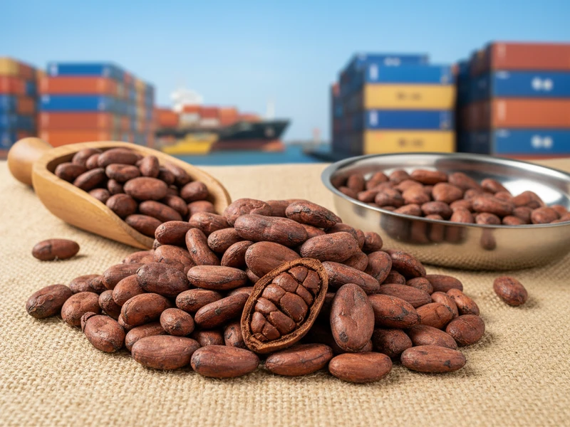Well-fermented plump cocoa beans spilling from a burlap export sack