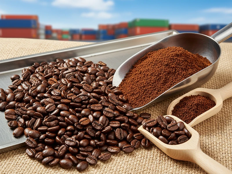 Freshly roasted dark shiny Arabica coffee beans and finely ground coffee