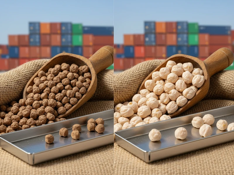 Golden round Kabuli chickpeas and brown angular Desi chickpeas in export sacks