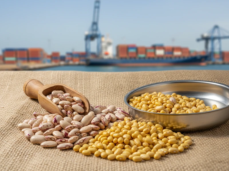 Mottled speckled sugar beans and black turtle beans in export containers