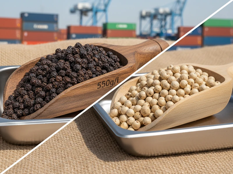 Whole black and white peppercorns