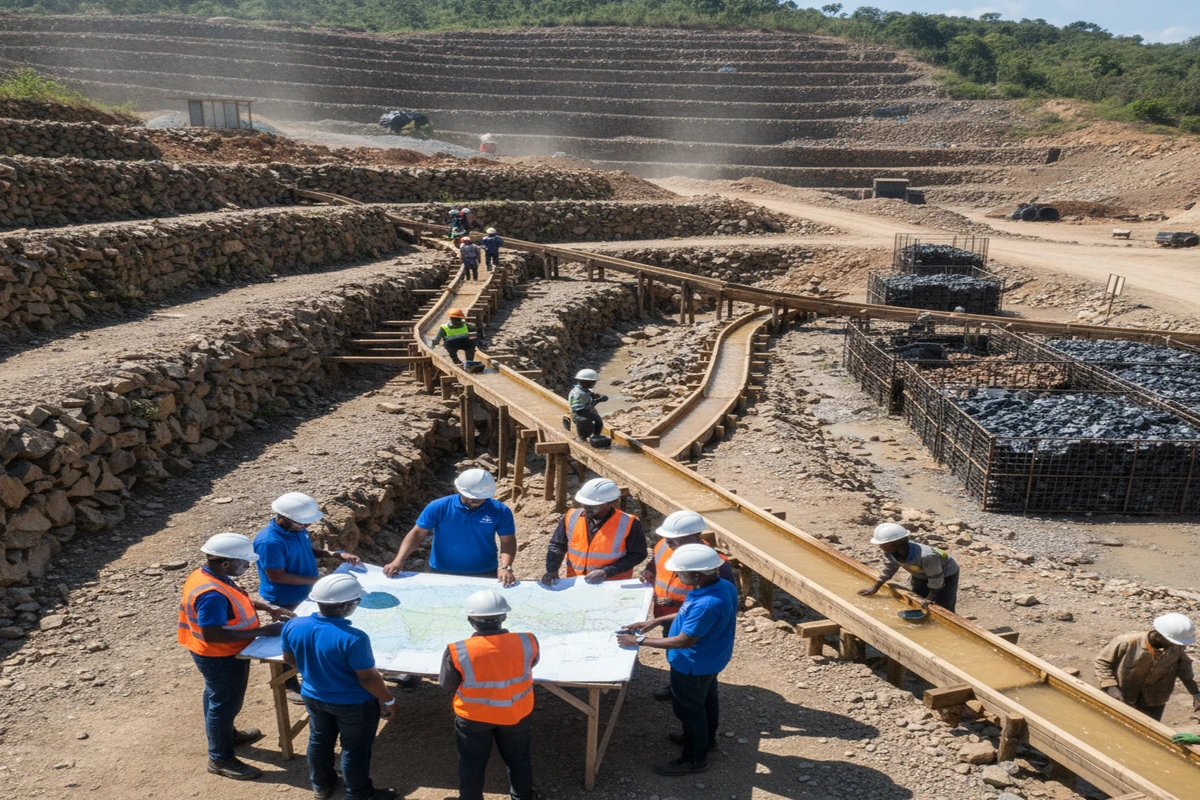 Agro Metal mining engineers and artisanal cooperative workers at a verified concession