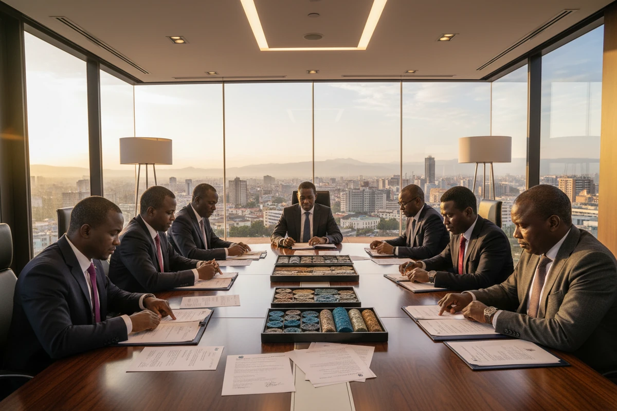 Mining executives and international commodity traders finalizing mineral offtake contract in boardroom