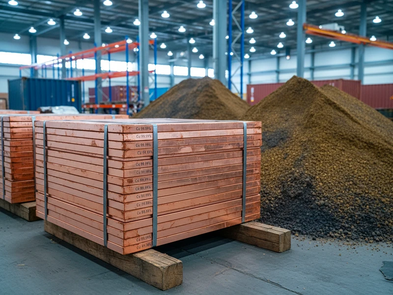 Stacked electrolytic copper cathodes and copper ore concentrate in bulk terminal