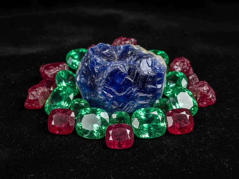 Rough and faceted Merelani Tanzanite crystals and Tsavorite green garnets