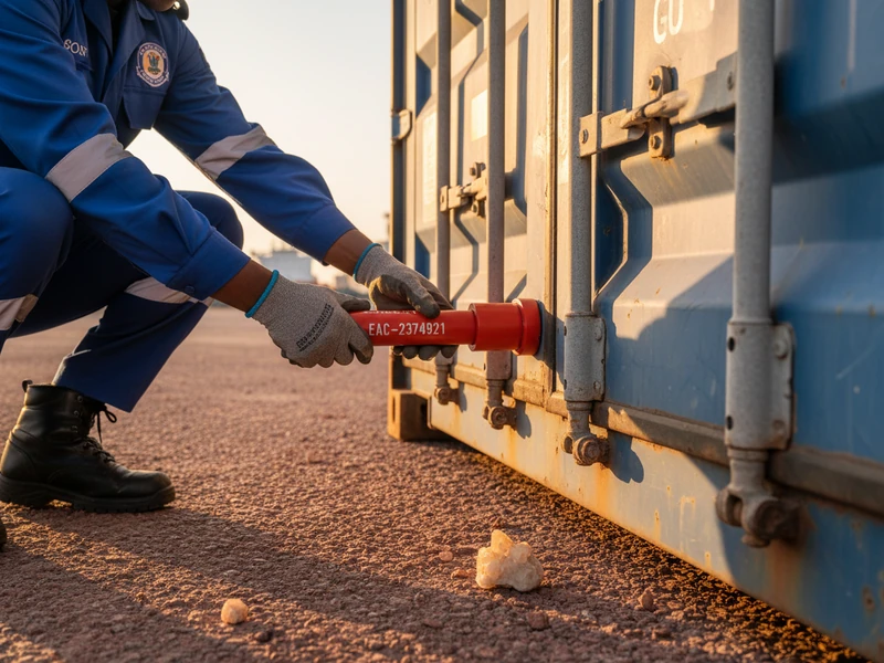 High-security serialized bolt seal applied to export shipping container door