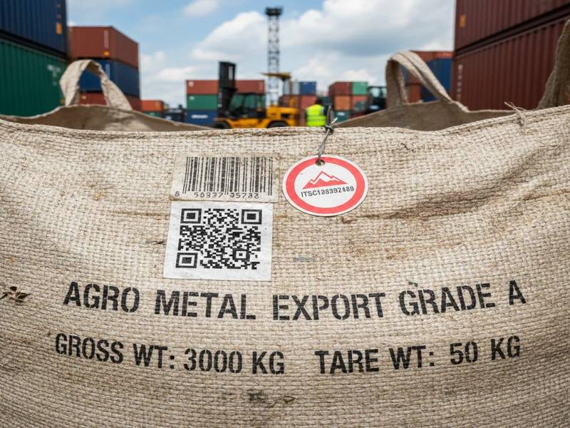 Custom export markings, lot numbers, and barcode tags stenciled on mineral cargo