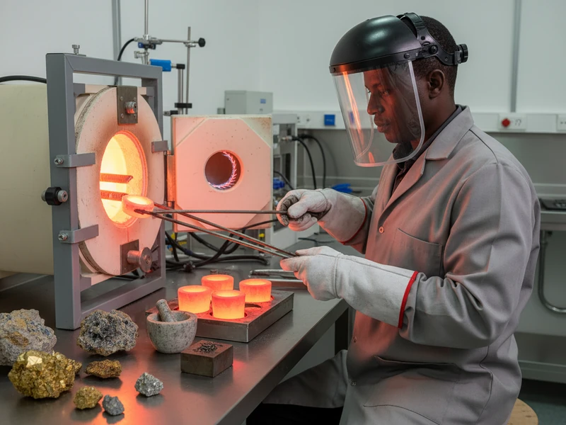 Metallurgist conducting high-temperature fire assay cupellation in induction furnace