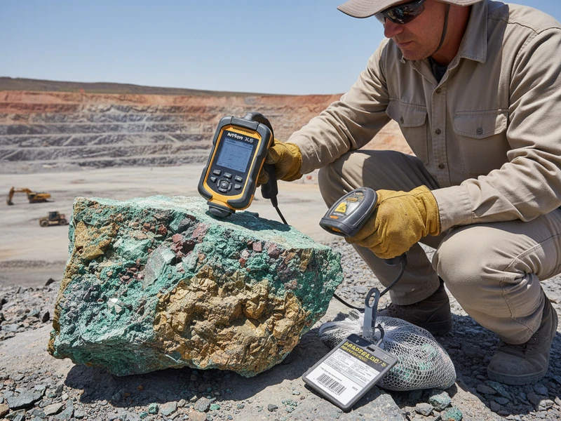 Field geologist conducting handheld XRF elemental analysis at pithead