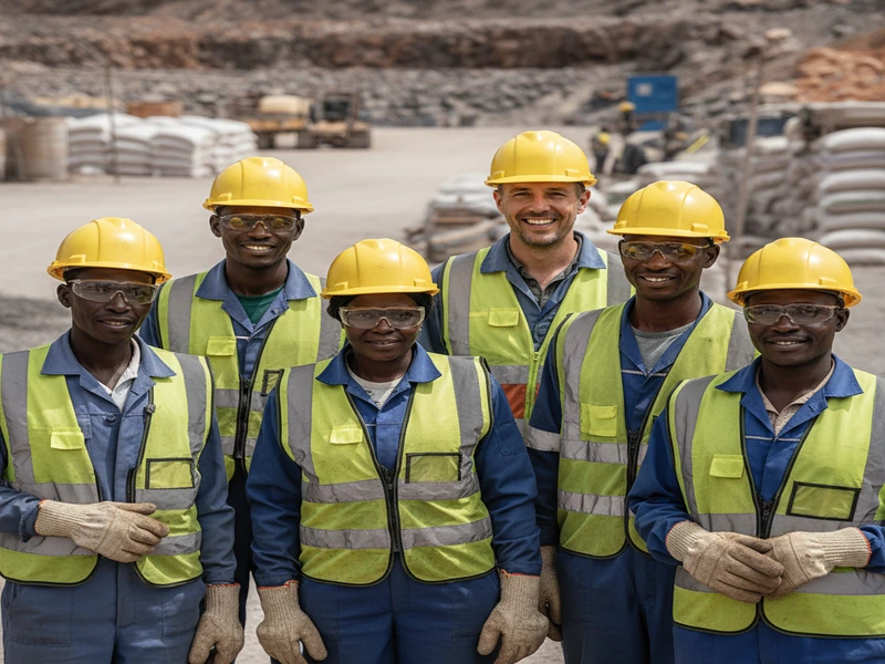 Artisanal miners wearing protective equipment and helmets at a cooperative mine site