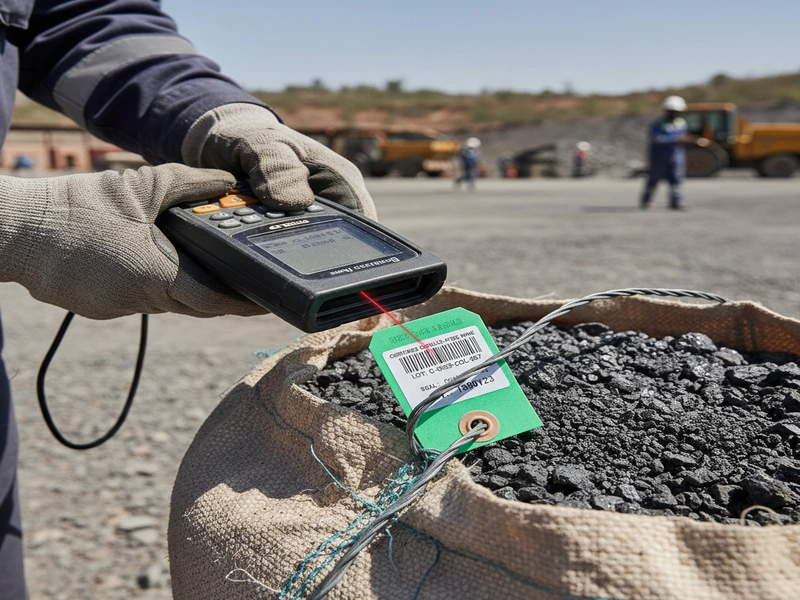 Compliance auditor inspecting digital bag-and-tag barcodes on mineral ore bags