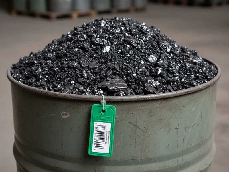 Dense black tantalite coltan ore concentrate with ITSCI tag