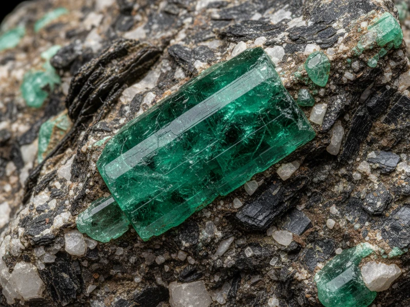 Hexagonal green rough emerald crystals in matrix