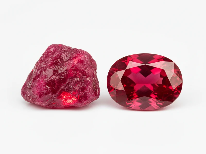 Deep pigeon blood red rough ruby crystal and cut stone