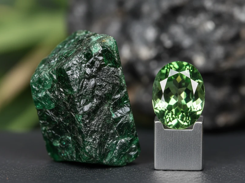 Vibrant emerald green rough tsavorite crystal and faceted gem