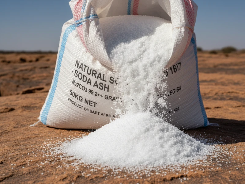 White crystalline dense soda ash granules in bulk packaging