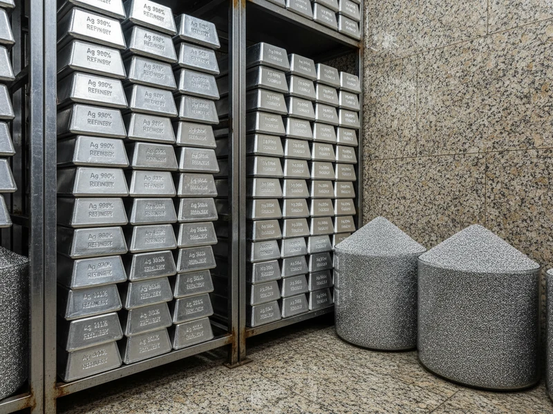 Fine silver ingots stacked in refinery vault
