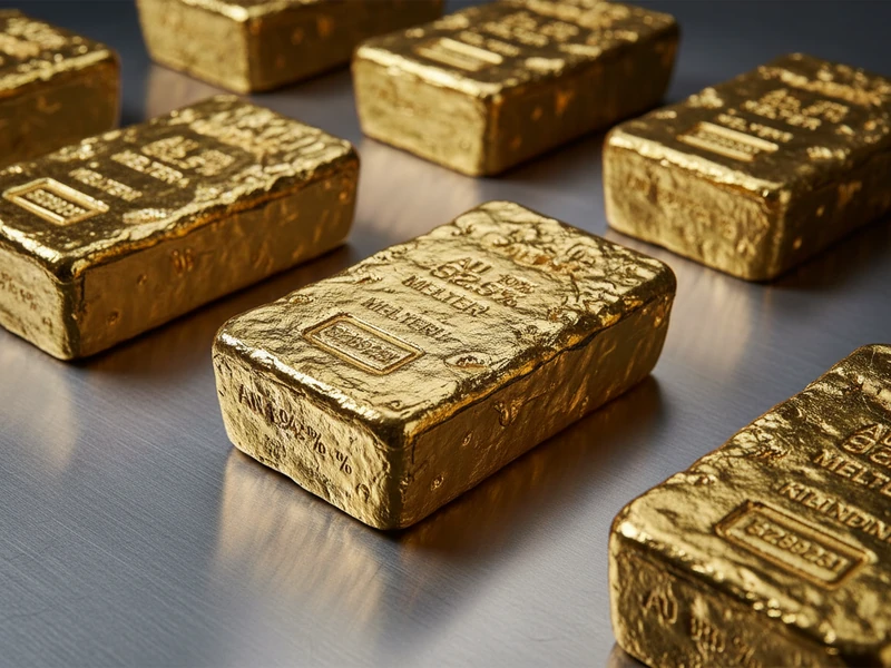 Smelted unrefined gold doré bars and fine bullion ingots in vault
